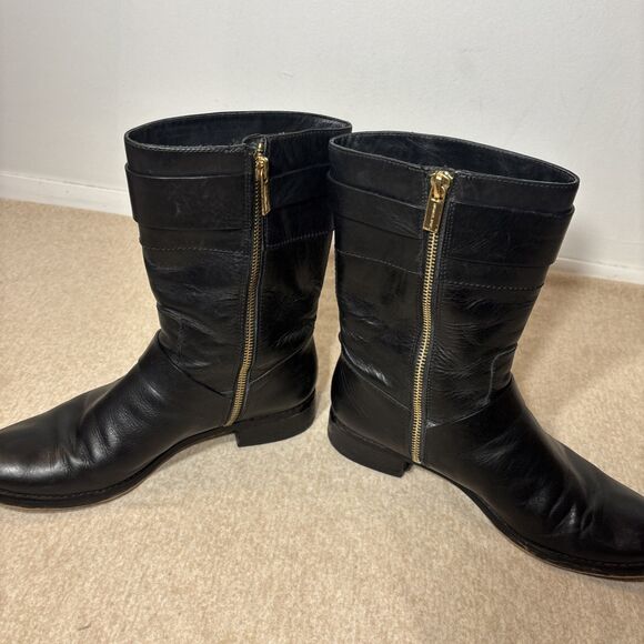 Michael Kors Boots Womens Gansevoort Moto Booties Black Leather Mid Buckle 8.5 - Picture 4 of 13